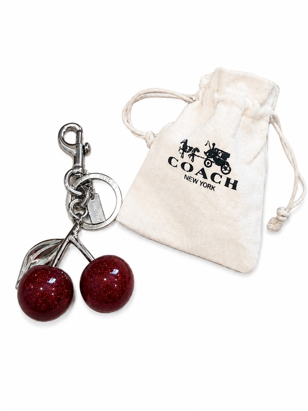 Coach Cherry Bag Charm Keychain Silver Glitter Double Cherry w/ Pouch